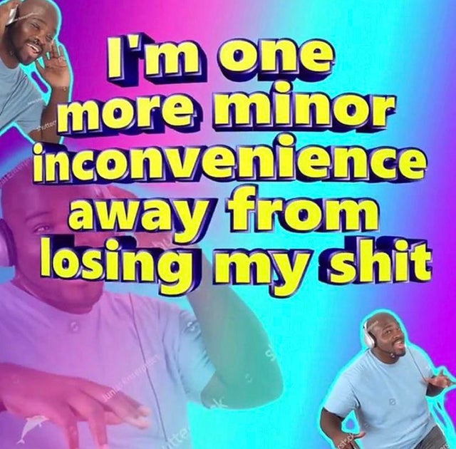 im one more minor inconvenience - I'm one more minor inconvenience away from losing my shit