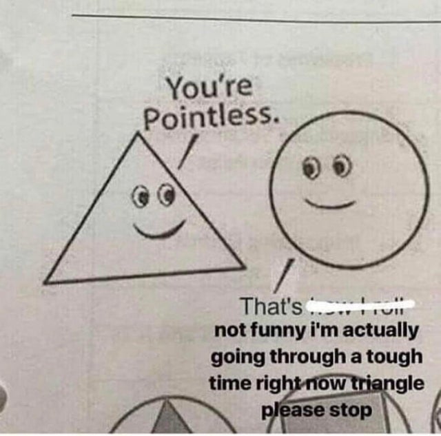 your pointless meme - You're Pointless. That's ...Tituii not funny i'm actually going through a tough time right now triangle please stop