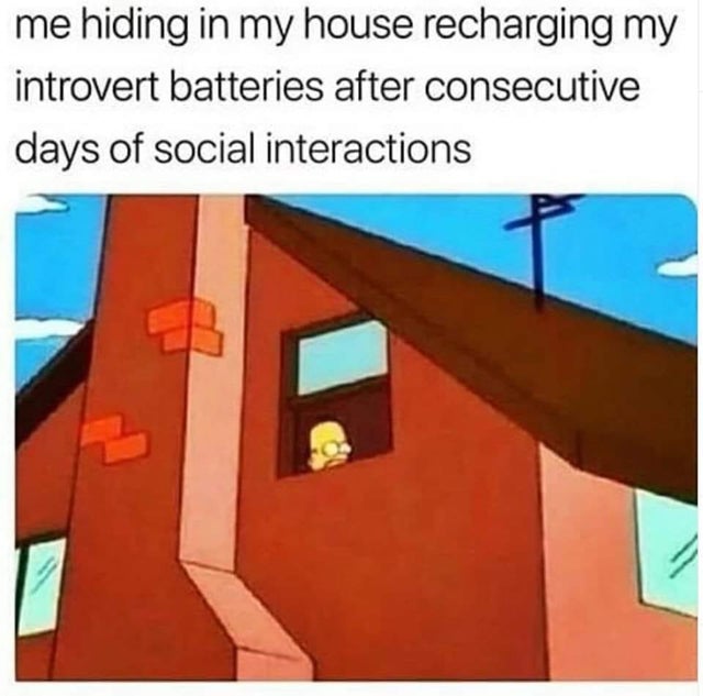 introvert memes - me hiding in my house recharging my introvert batteries after consecutive days of social interactions