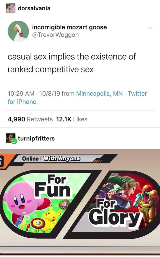 casual sex implies the existence of ranked competitive sex - dorsalvania incorrigible mozart goose casual sex implies the existence of ranked competitive sex 10819 from Minneapolis, Mn Twitter for iPhone 4,990 turnipfritters Online > With Anyone For Fun G