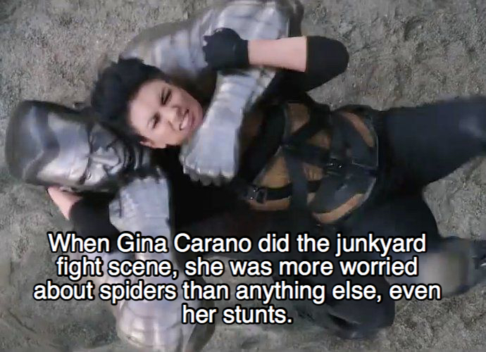 photo caption - When Gina Carano did the junkyard fight scene, she was more worried about spiders than anything else, even her stunts.