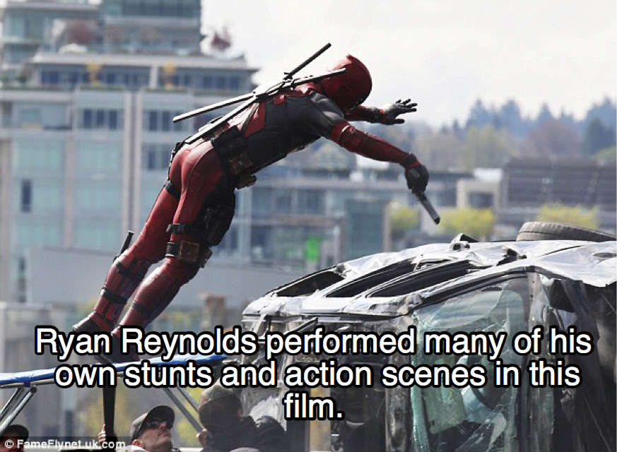 deadpool on set - Ryan Reynolds performed many of his own stunts and action scenes in this film. FameFlynet.uk.com
