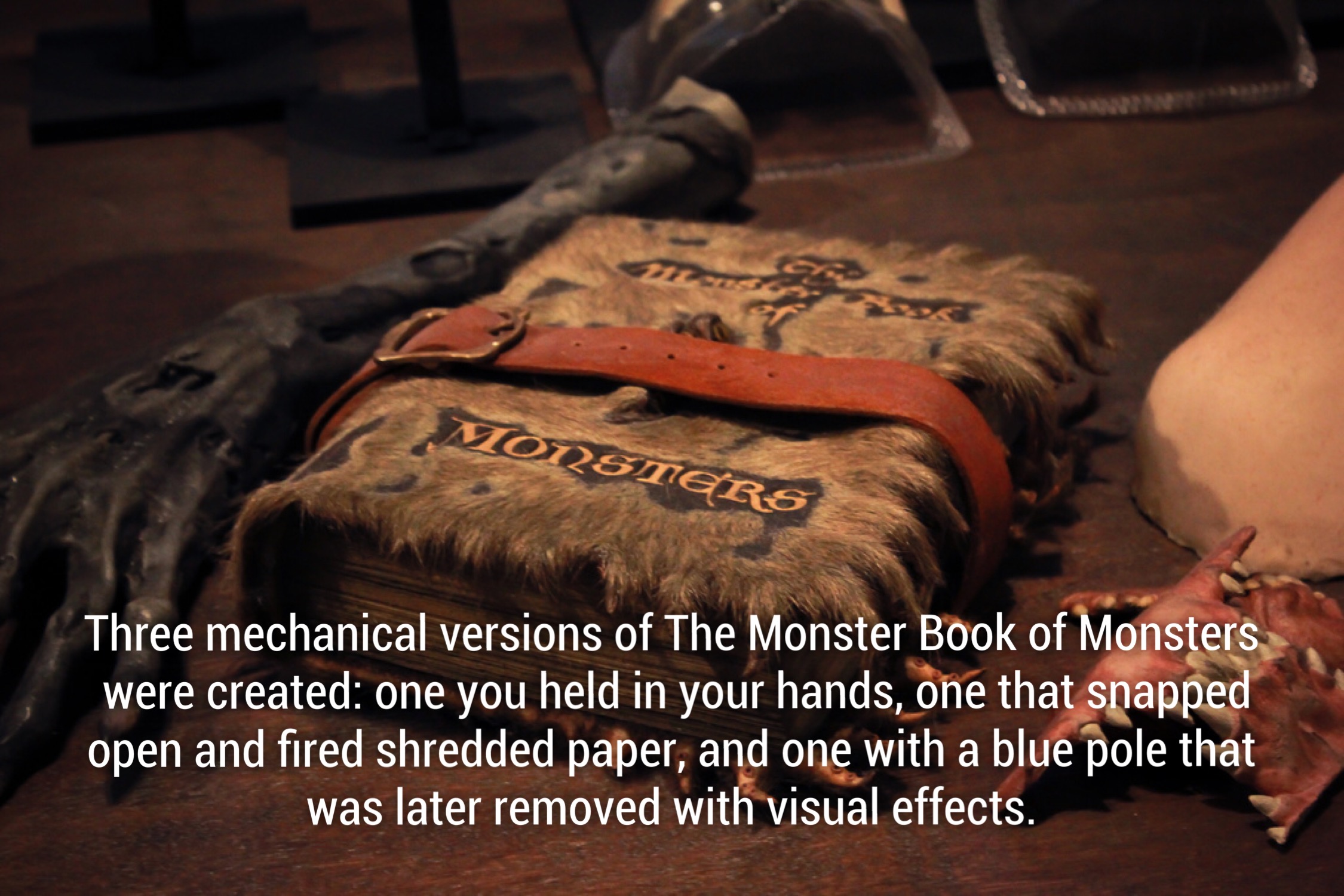 monster book of monsters - Vionsters Three mechanical versions of The Monster Book of Monsters were created one you held in your hands, one that snapped open and fired shredded paper, and one with a blue pole that was later removed with visual effects.