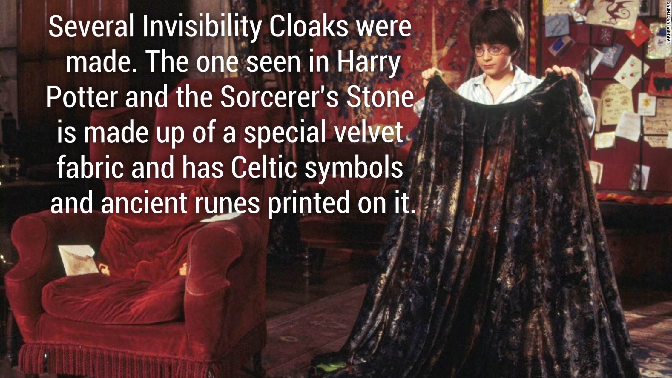 harry potter invisibility cloak - Several Invisibility Cloaks were made. The one seen in Harry Potter and the Sorcerer's Stone is made up of a special velvet fabric and has Celtic symbols and ancient runes printed on it.