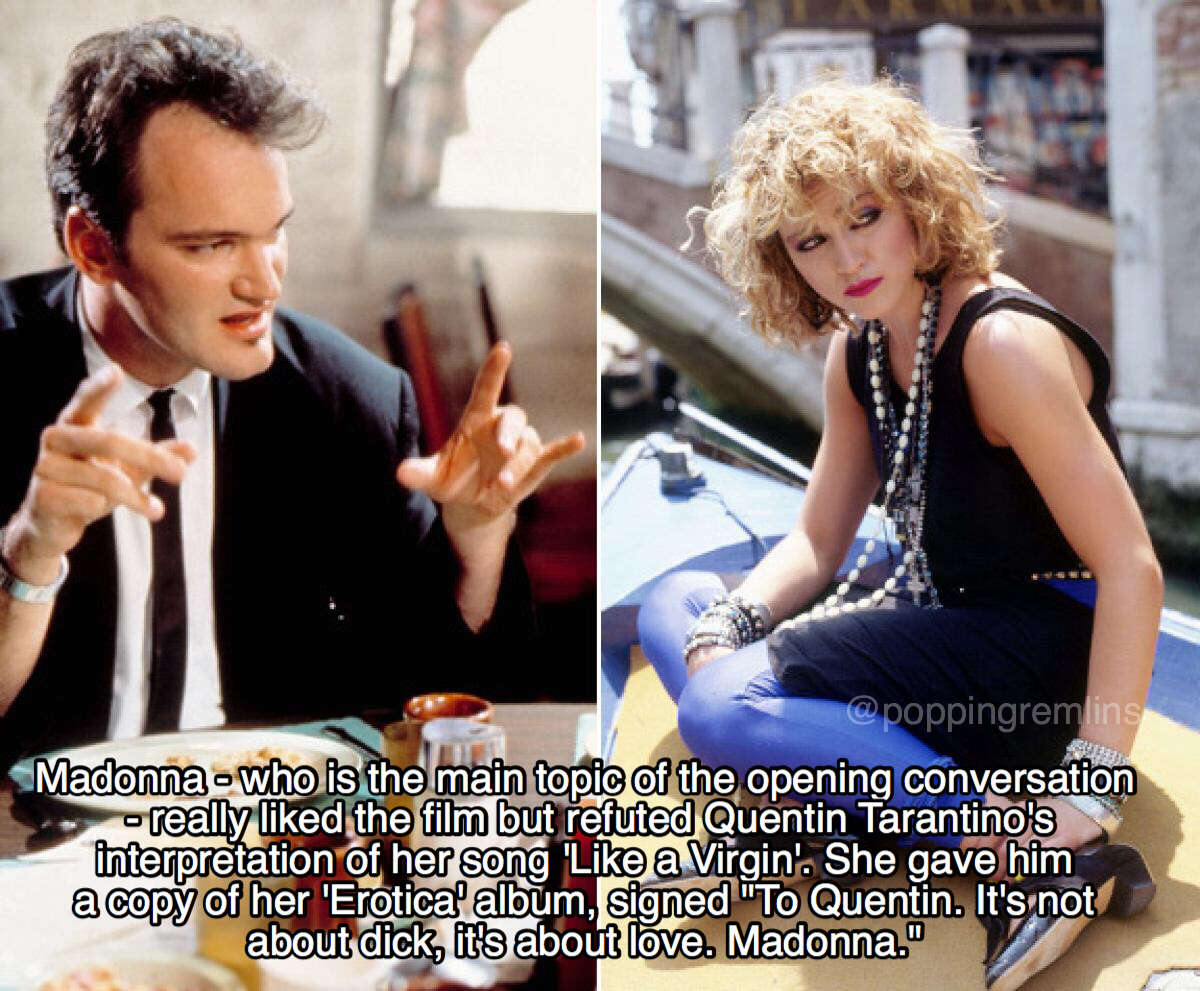 Meme about Reservoir Dogs Quentin Tarantinno talking about Like A Virgin song which Madonna says LOVE.