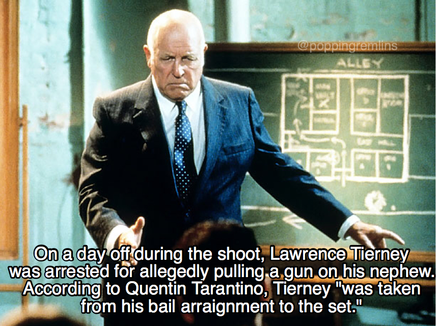 Meme from Reservoir Dogs about Lawerence Tierney getting jailed while shooting