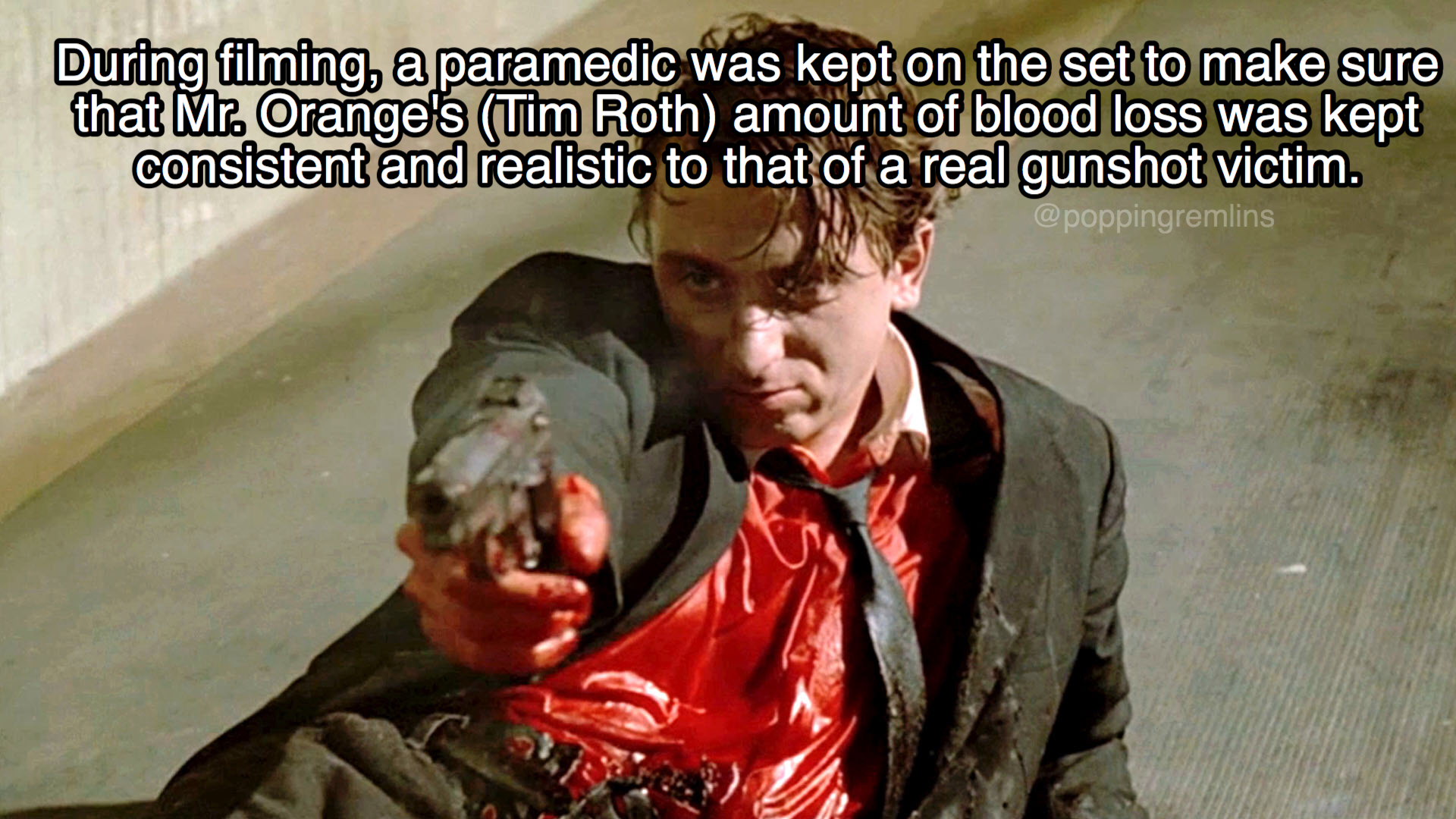 Tim Roth Mr Orange meme from Reservoir Dogs about using the right amount of blood in movies