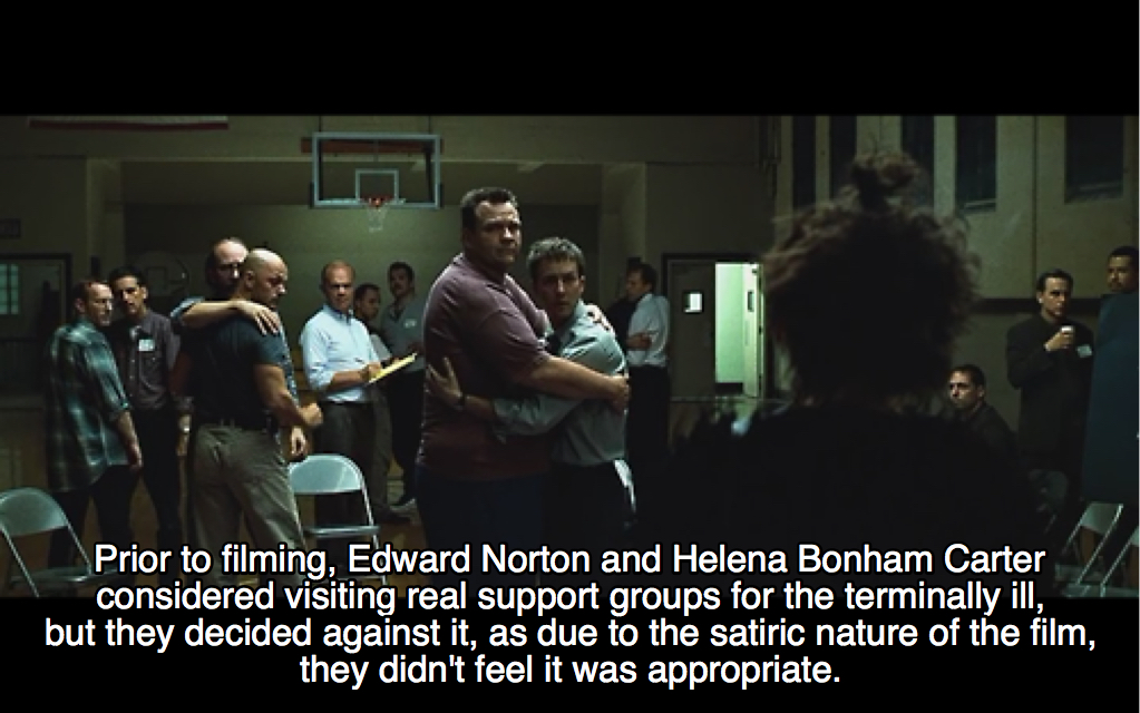fight club starbucks cup in every scene - Prior to filming, Edward Norton and Helena Bonham Carter considered visiting real support groups for the terminally ill, but they decided against it, as due to the satiric nature of the film, they didn't feel it w