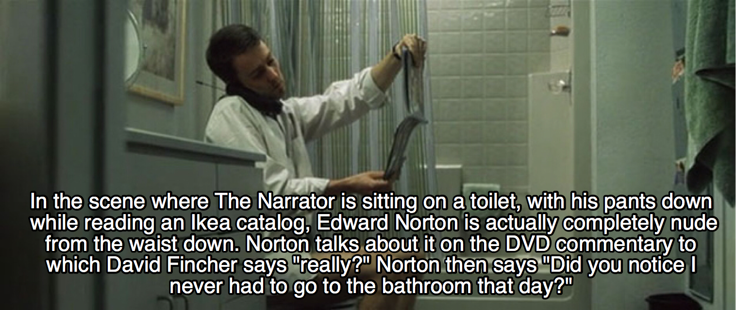fight club ikea - In the scene where The Narrator is sitting on a toilet, with his pants down while reading an Ikea catalog, Edward Norton is actually completely nude from the waist down. Norton talks about it on the Dvd commentary to which David Fincher 