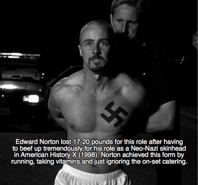 edward norton american history x - Edward Norton lost 1720 pounds for this role after having to beef up tremendously for his role as a NeoNazi skinhead in American History X 1998. Norton achieved this form by running, taking vitamins and just ignoring the