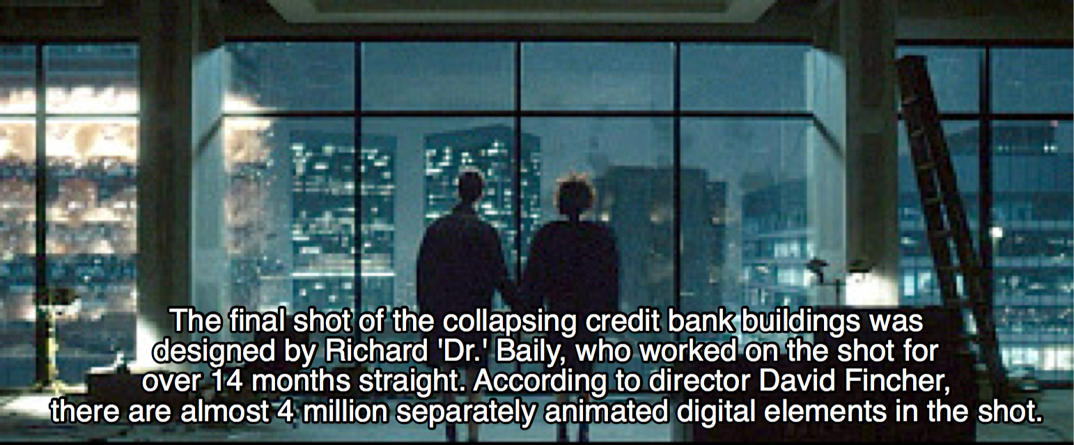 fight club facebook cover - The final shot of the collapsing credit bank buildings was designed by Richard "Dr.' Baily, who worked on the shot for over 14 months straight. According to director David Fincher, there are almost 4 million separately animated