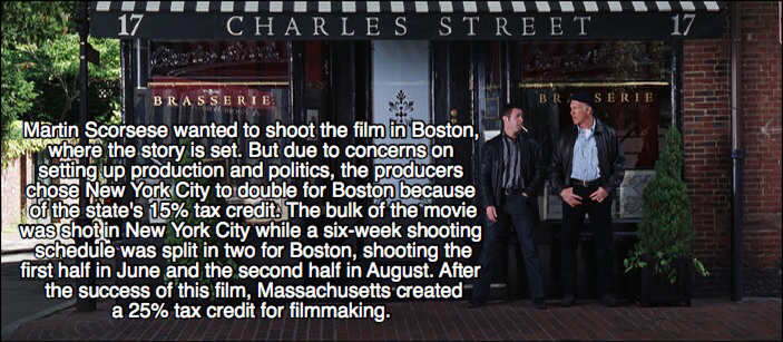 movie facts - Iiiiiiiiiiiiiiiiiii Charles Street Brasserie Br.Serie Martin Scorsese wanted to shoot the film in Boston, w where the story is set. But due to concerns on I setting up production and politics, the producers chose New York City to double for 