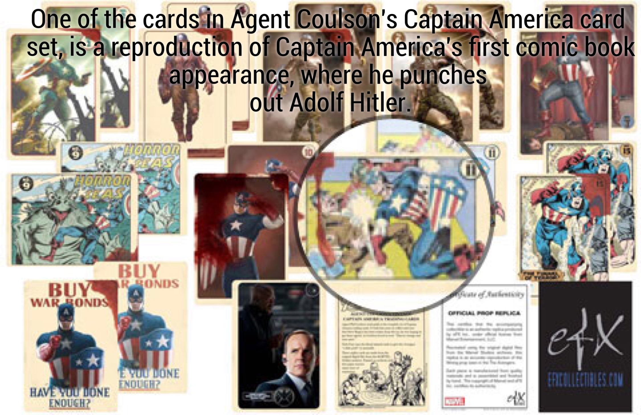 agent coulson's vintage captain america trading card set - One of the cards in Agent Coulson's Captain America card set, is a reproduction of Captain America's first comic book appearance, where he punches out Adolf Hitler. annon 25 Homzo Buy D Rones Buy 