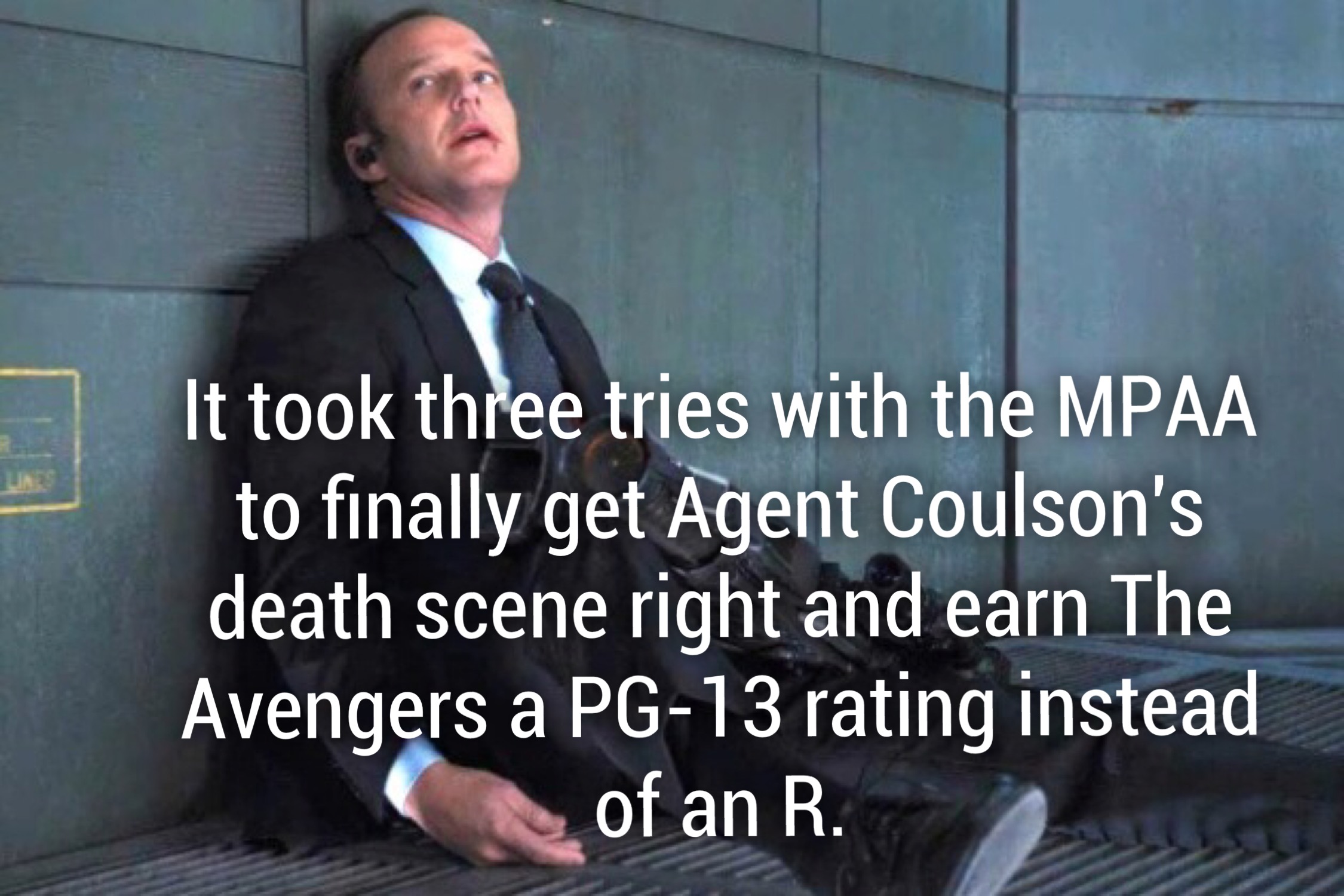 photo caption - It took three tries with the Mpaa to finally get Agent Coulson's death scene right and earn The Avengers a Pg13 rating instead of an R.