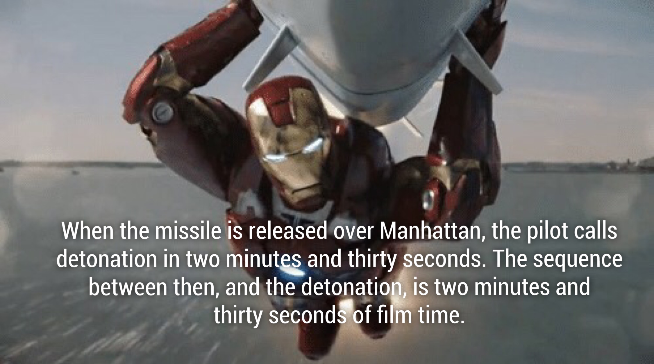 avengers missile - When the missile is released over Manhattan, the pilot calls detonation in two minutes and thirty seconds. The sequence between then, and the detonation, is two minutes and thirty seconds of film time.
