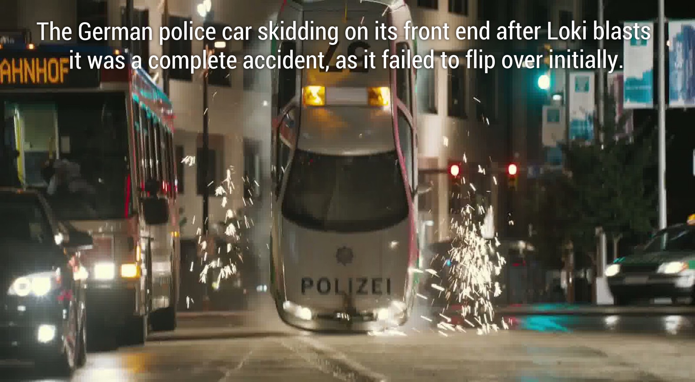 avengers polizei - The German police car skidding on its front end after Loki blasts Muncit was a complete accident, as it failed to flip over initially. Polizei