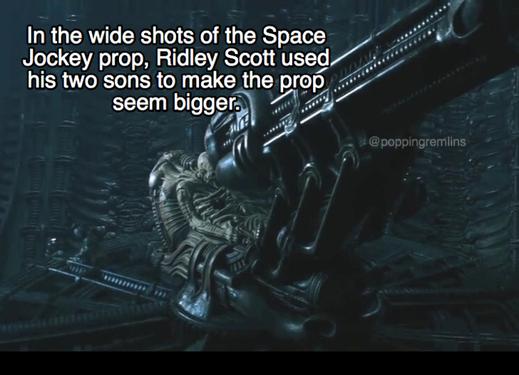 alien movie facts - In the wide shots of the Space Jockey prop, Ridley Scott used his two sons to make the prop seem bigger.