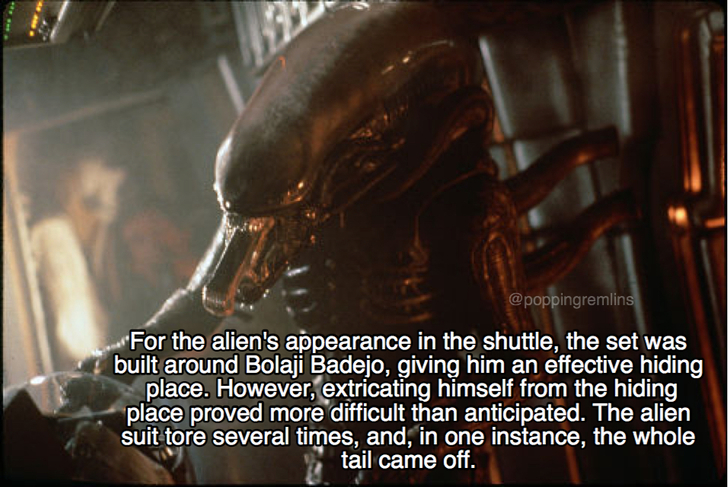 alien movie facts - For the alien's appearance in the shuttle, the set was built around Bolaji Badejo, giving him an effective hiding place. However, extricating himself from the hiding place proved more difficult than anticipated. The alien suit tore sev