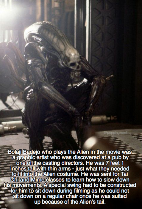 poster - poppingremlins Bolaji Badejo who plays the Alien in the movie was. a graphic artist who was discovered at a pub by one of the casting directors. He was 7 feet 1 inches tall with thin arms just what they needed to fit into the Alien costume. He wa