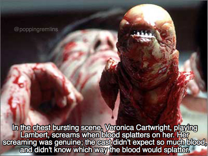 alien chestburster scene - In the chest bursting scene, Veronica Cartwright, playing Lambert, screams when blood splatters on her. Her screaming was genuine; the cast didn't expect so much blood, and didn't know which way the blood would splatter.