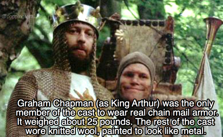 monty python and the holy grail facts - Graham Chapman as King Arthur was the only member of the cast to wear real chain mail armor. It weighed about 25 pounds. The rest of the cast wore knitted wool, painted to look metal.
