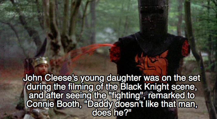 black knight monty python - John Cleese's young daughter was on the set during the filming of the Black Knight scene, and after seeing the "fighting", remarked to Connie Booth, "Daddy doesn't that man, does he?"