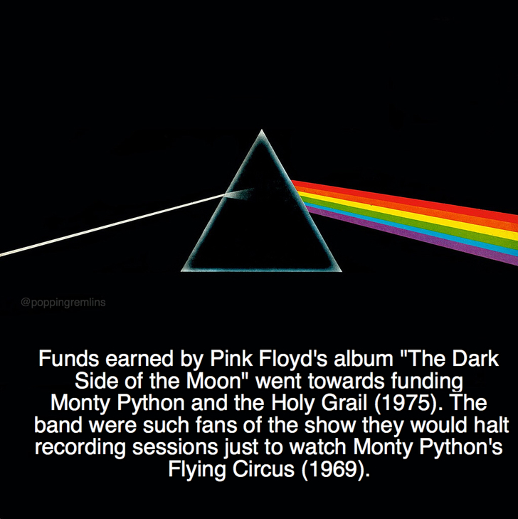triangle - Funds earned by Pink Floyd's album "The Dark Side of the Moon" went towards funding Monty Python and the Holy Grail 1975. The band were such fans of the show they would halt recording sessions just to watch Monty Python's Flying Circus 1969.