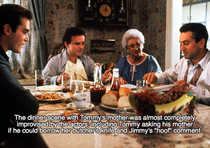 goodfellas facts - goodfellas dinner scene - The dinner scene with Tommy's mother was almost completely improvised by the actors, including Tommy asking his mother if he could borrow her butcher's knife and Jimmy's "hoof" comment.