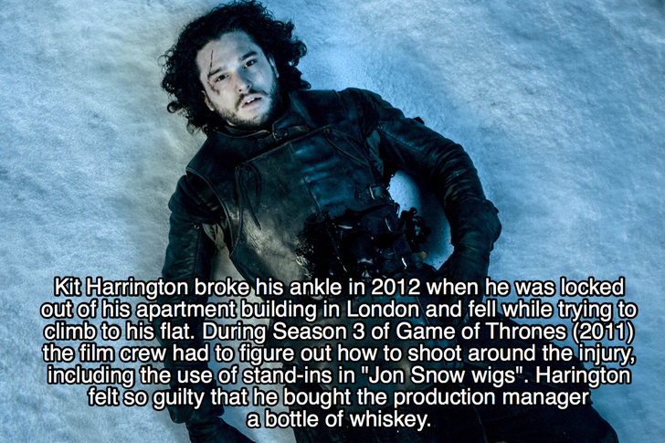 photo caption - Kit Harrington broke his ankle in 2012 when he was locked out of his apartment building in London and fell while trying to climb to his flat. During Season 3 of Game of Thrones 2011 the film crew had to figure out how to shoot around the i