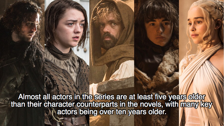 Almost all actors in the series are at least five years older than their character counterparts in the novels, with many key Mactors being over ten years older.