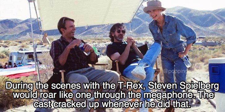 jurassic park 1993 behind the scenes - During the scenes with the TRex, Steven Spielberg would roar one through the megaphone. The cast cracked up whenever he did that.
