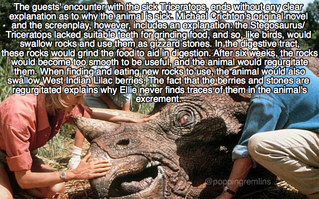 jurassic park - The guests' encounter with the sick Triceratops, ends without any clear explanation as to why the animal is sick. Michael Crichton's original novel and the screenplay, however, includes an explanation the Stegosaurus Triceratops lacked sui