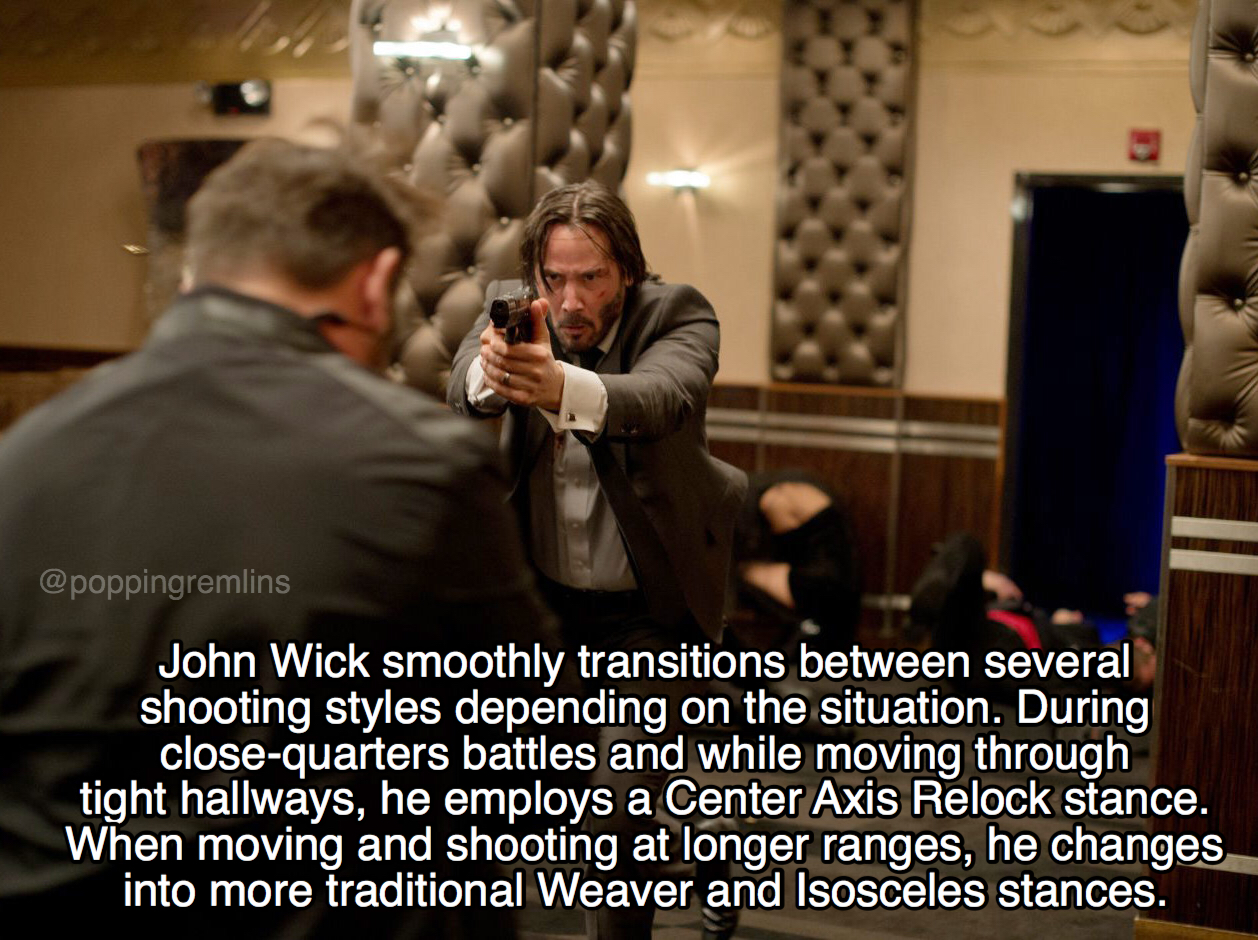John Wick smoothly transitions between several shooting styles depending on the situation. During closequarters battles and while moving through tight hallways, he employs a Center Axis Relock stance. When moving and shooting at longer ranges, he changes…