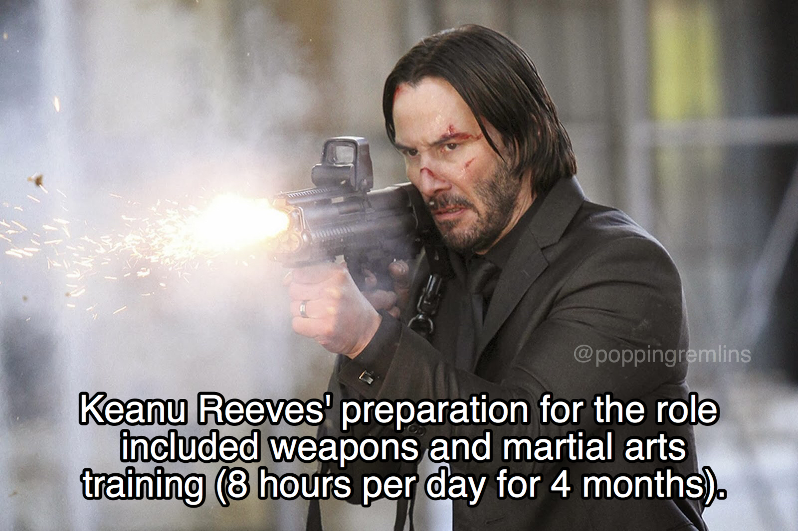 john wick facts - Keanu Reeves' preparation for the role included weapons and martial arts training 8 hours per day for 4 months.