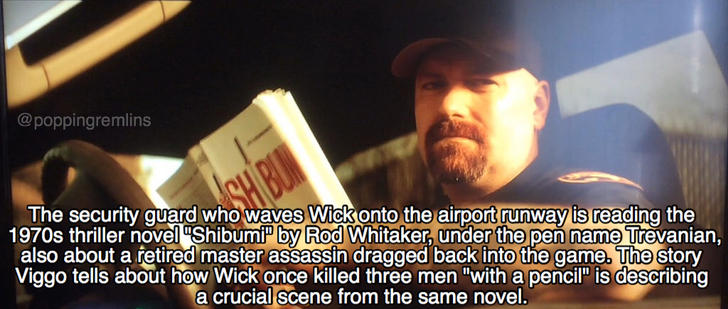 john wick fact - The security guard who waves Wick onto the airport runway is reading the 1970s thriller novel "Shibumi by Rod Whitaker, under the pen name Trevanian, also about a retired master assassin dragged back into the game. The story Viggo tells a