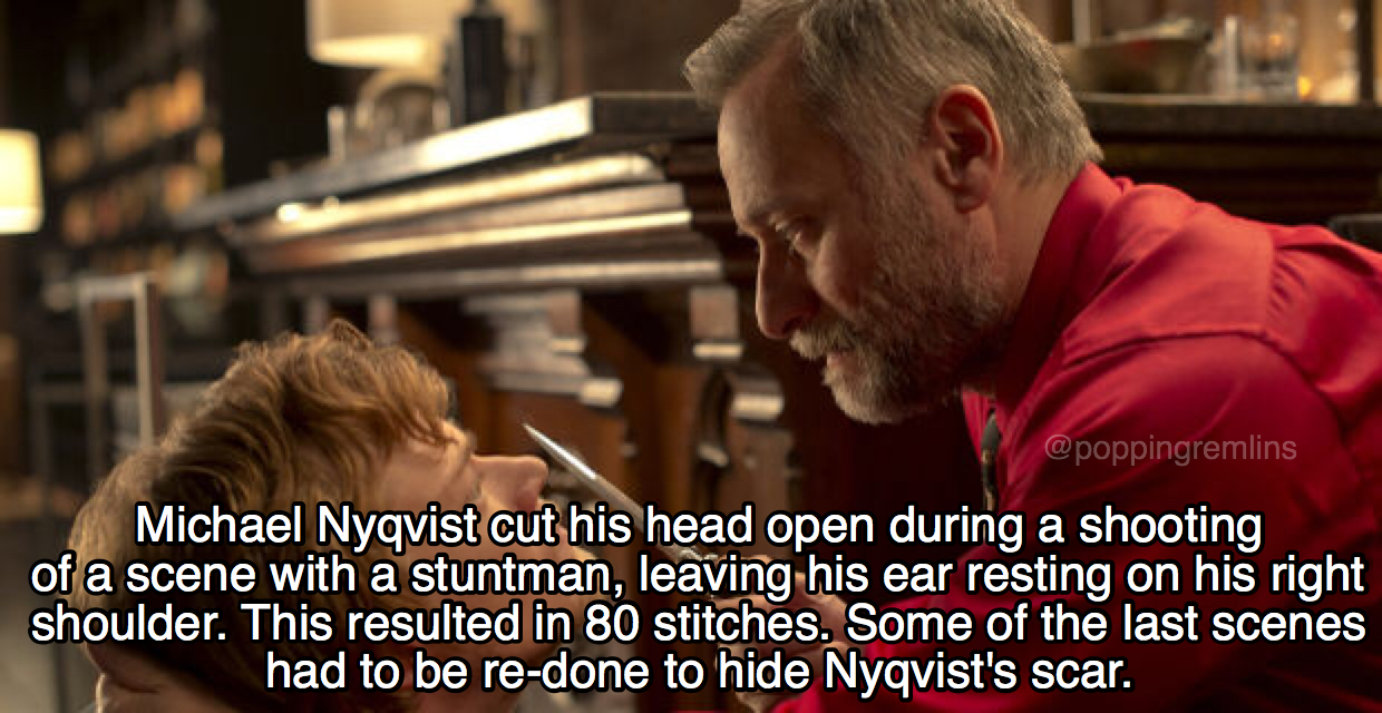 john wick viggo - Michael Nyqvist cut his head open during a shooting of a scene with a stuntman, leaving his ear resting on his right shoulder. This resulted in 80 stitches. Some of the last scenes had to be redone to hide Nyqvist's scar.