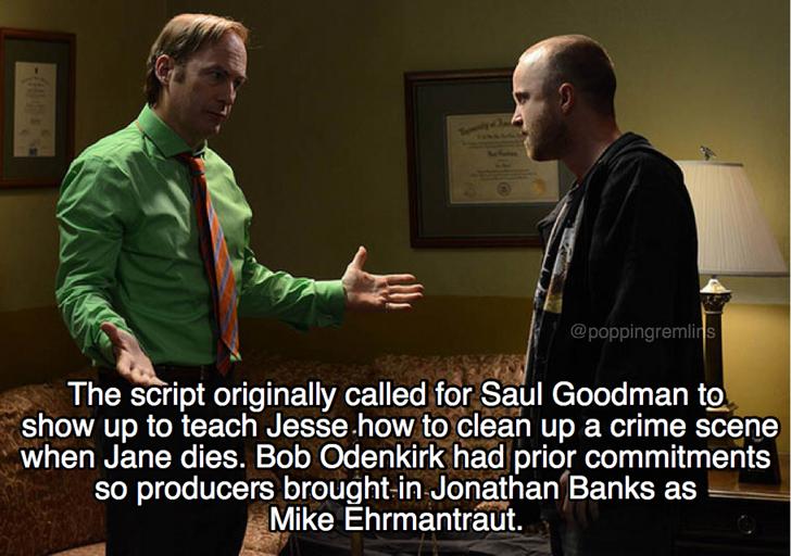 jesse pinkman better call saul - The script originally called for Saul Goodman to show up to teach Jesse how to clean up a crime scene when Jane dies. Bob Odenkirk had prior commitments so producers broughtin Jonathan Banks as Mike hrmantraut.
