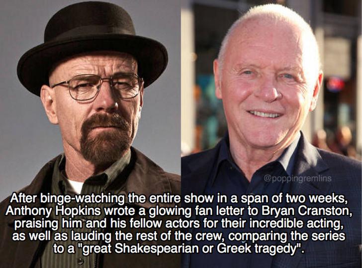 sr walter white - After bingewatching the entire show in a span of two weeks, Anthony Hopkins wrote a glowing fan letter to Bryan Cranston, praising him and his fellow actors for their incredible acting, as well as lauding the rest of the crew, comparing 