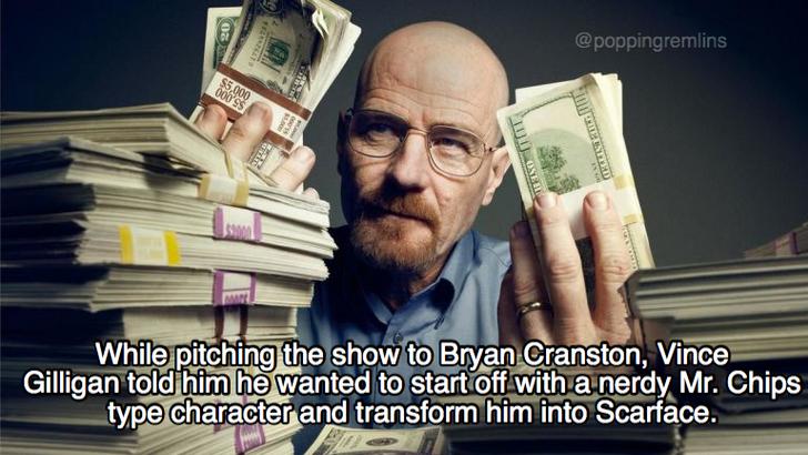 mastermind criminals - 101 Oseb While pitching the show to Bryan Cranston, Vince Gilligan told him he wanted to start off with a nerdy Mr. Chips type character and transform him into Scarface.