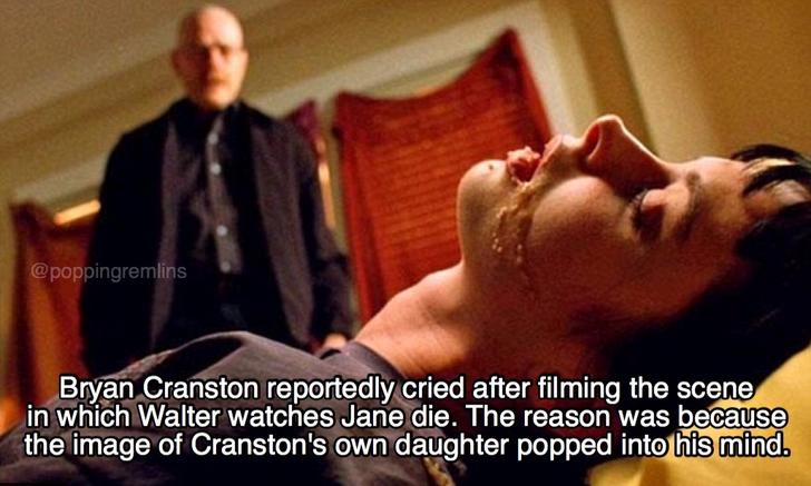 photo caption - Bryan Cranston reportedly cried after filming the scene in which Walter watches Jane die. The reason was because the image of Cranston's own daughter popped into his mind.