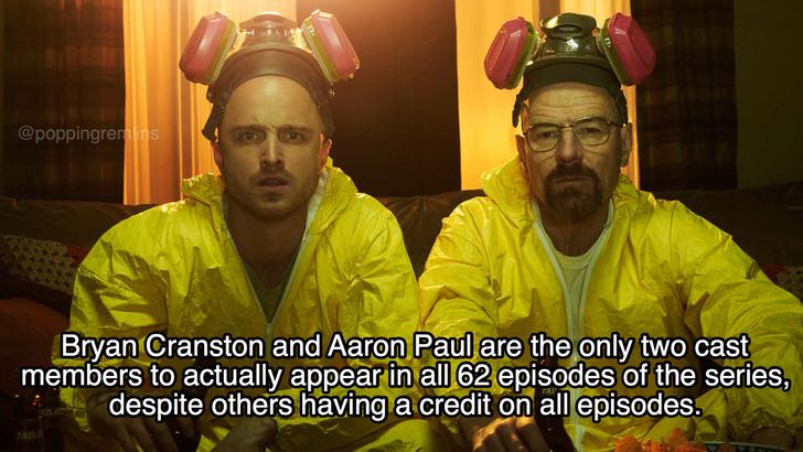 | Bryan Cranston and Aaron Paul are the only two cast members to actually appear in all 62 episodes of the series, despite others having a credit on all episodes.