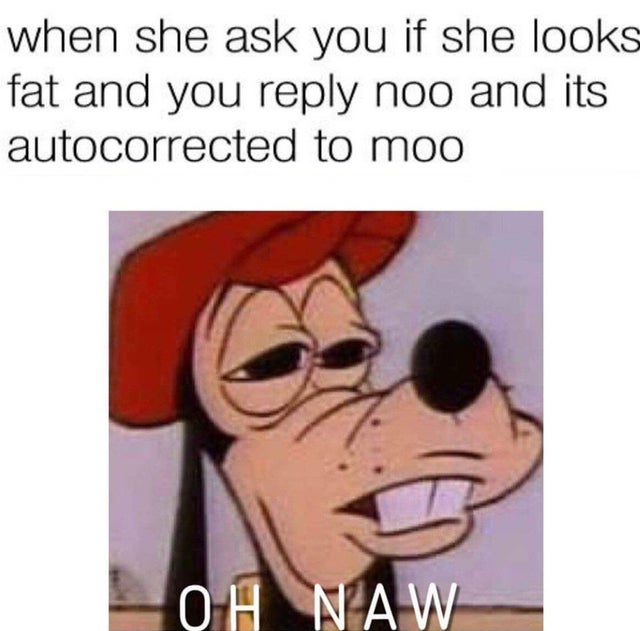 oh naw meme - when she ask you if she looks fat and you noo and its autocorrected to moo Oh Naw