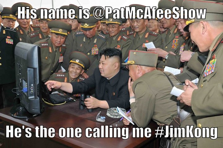 Jim Kong points out out the man, Pat McAfee, who has labeled him #JimKong