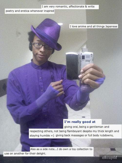Dude dress in purple really paining a vivid picture of himself.