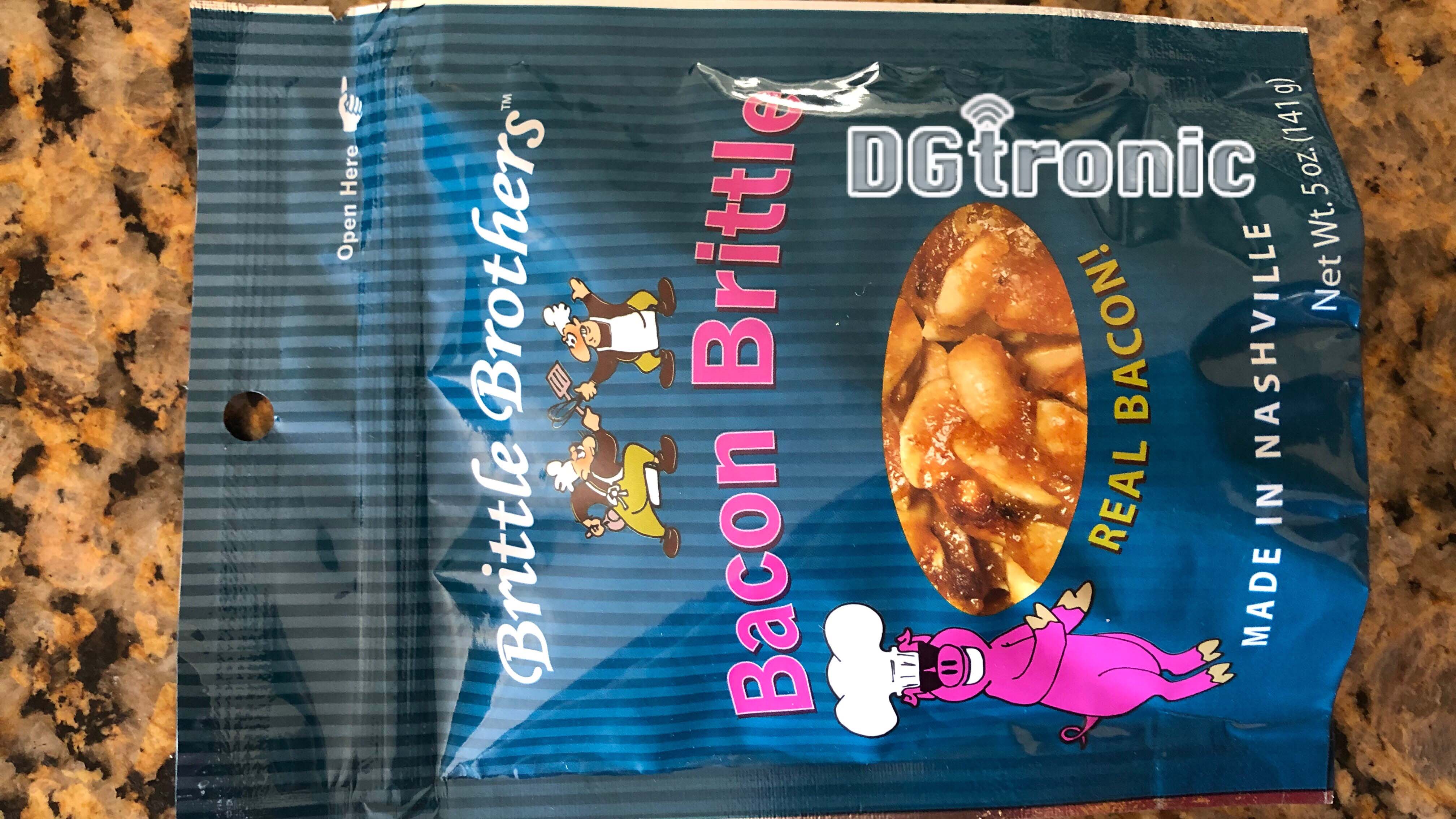 banner - Open Here 6 Brittle Brothers Bacon Brittle DGtronic Real Baco Bacon Made In Nashville Net Wt. 5 oz. 1419