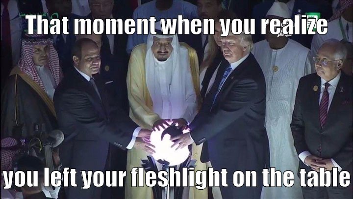 King salabeem is sweating bullets because he didn't store his sex toy safely, his eyes shift slightly to the left to see Donald has his eyes shut, possibly thinking about how great his hair looks in the picture. Meanwhile everyone else is just happy they are about to get hundreds of billions of dollars worth of weapons to kill more people with.