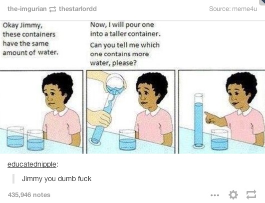 jimmy you dumb fuck - theimgurianthestarlordd Source meme4u Okay Jimmy, these containers have the same amount of water. Now, I will pour one into a taller container. Can you tell me which one contains more water, please? educatednipple Jimmy you dumb fuck
