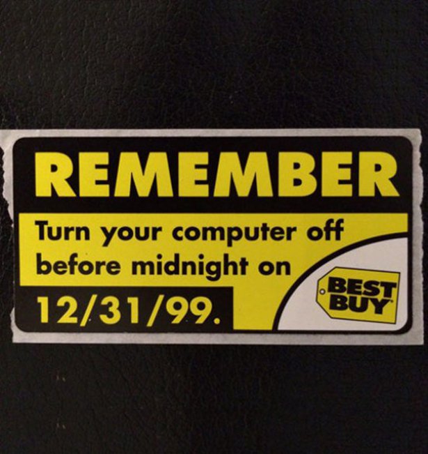 Nostalgia sticker of reminder to shut off your computer before y2k