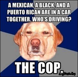 racist dog meme - A Mexican, A Black, And A Puerto Rican Are In A Car Together. Who'S Driving? The Cop. es