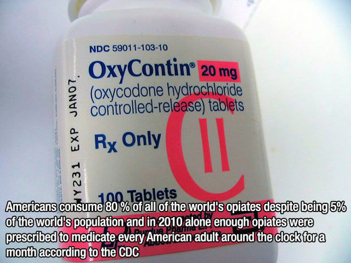 Ndc 5901110310 231 Exp JANO7 OxyContin 20 mg oxycodone hydrochloride controlledrelease tablets Ry Only 100 Tablets Americans consume 80 % of all of the world's opiates despite being 5% of the world's population and in 2010 alone enough opiates were…